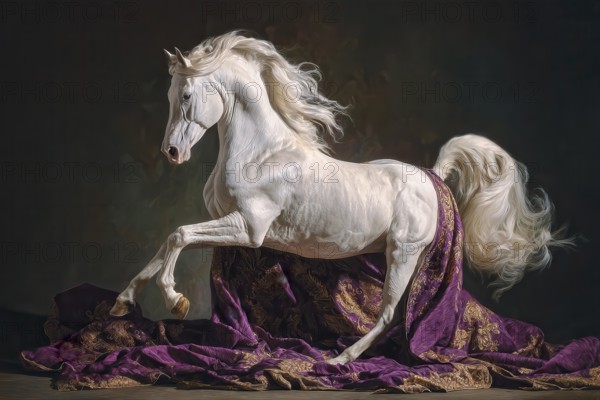 White rearing stallion draped in an elegant purple and golden fabric, AI generated
