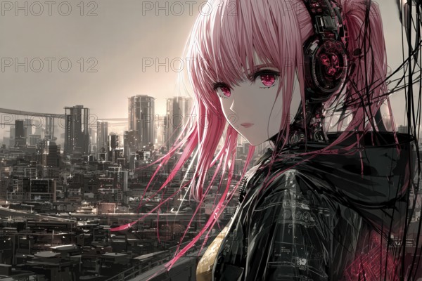 Cyberpunk anime girl with pink hair, glowing eyes and headphones in front of a city skyline, AI generated