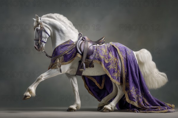 White stallion draped in an elegant purple and golden fabric, AI generated