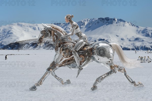 Female humanoid galloping a cyborg horse in an Antarctic environment, AI generated