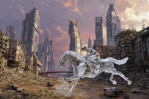 Female humanoid galloping a cyborg horse in front of a ruined futuristic cityscape, AI generated