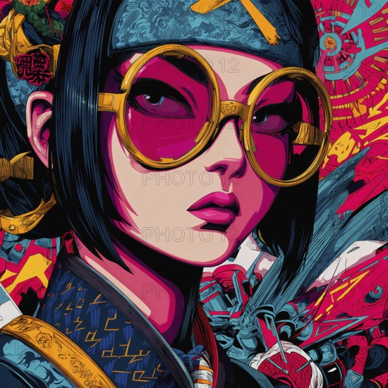 Japanese Pop-art woman wearing large glasses, AI generated
