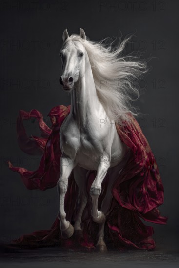 White rearing stallion draped in an elegant red and golden fabric, AI generated