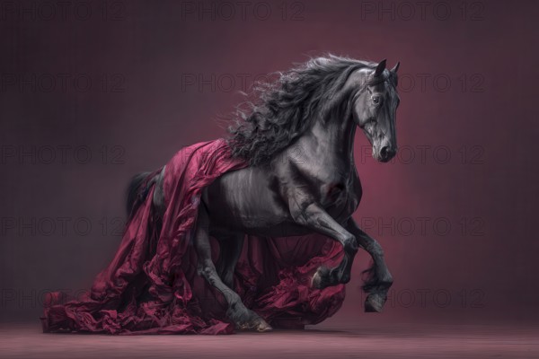 Black Arabian stallion draped in an elegant purple fabric, AI generated