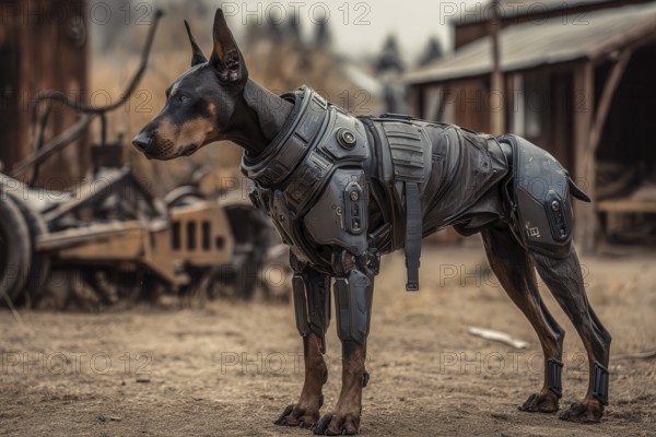 Cyborg Doberman dog patrolling in an abandoned forest settlement ground, AI generated
