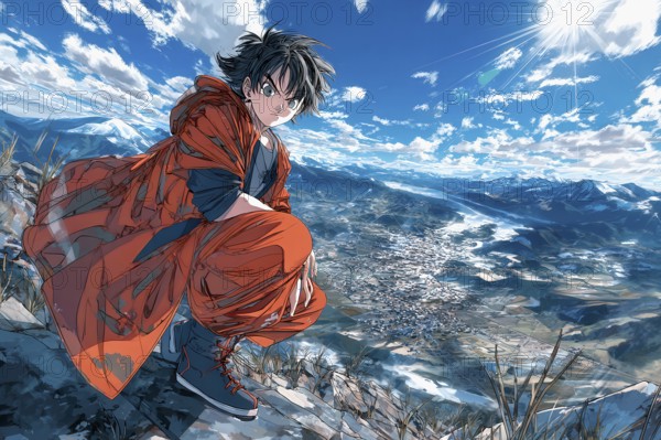 Anime boy dressed as a superhero in front of mountain landscape, AI generated