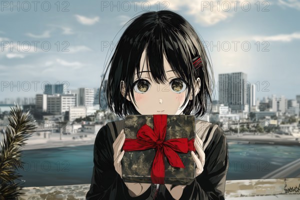 Cute Japanese anime girl with black hair and a gift in the hand in front of a city skyline, AI generated