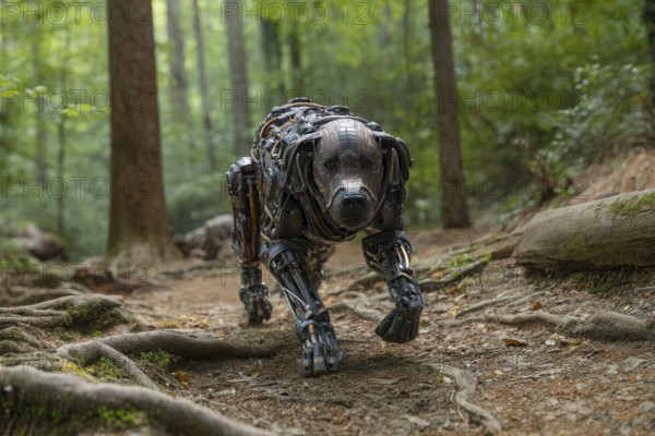 Cyborg dog patrolling in the forest, AI generated