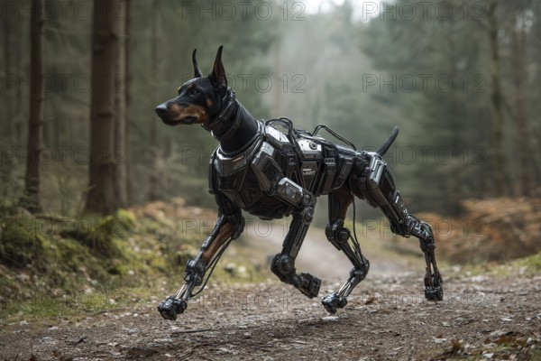 Cyborg Doberman dog running in the forest, AI generated