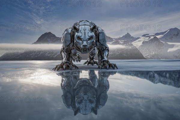 Cyborg cat crouched on ice in a polar environment and reflecting in the ice, AI generated