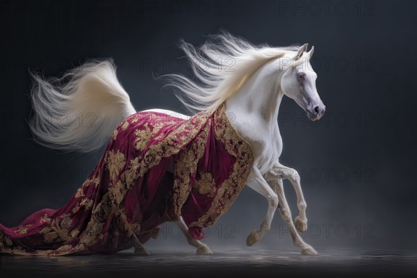 White rearing stallion draped in an elegant red and golden fabric, AI generated