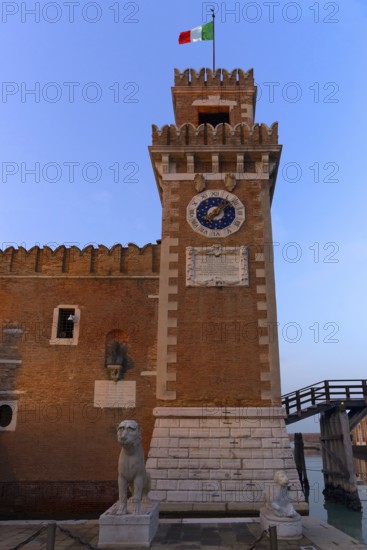 Renaissance clock tower from the Ingresso all'Acqua gate from the Arsenal, Venice, Veneto, Italy