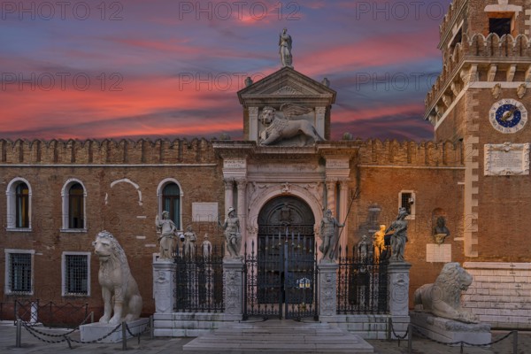 Renaissance entrance portal from Arsenal with evening sky, Venice, Veneto, Italy