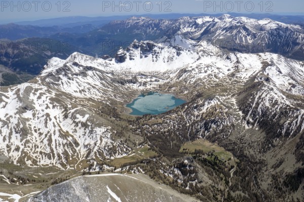 Lac d'Allos, Alps, Alpes-de-Haute-Provence, Alpes Maritimes, Alpi Marittime, Barcelonnette, mountain lake, France, mountain lake, glacial lake, aerial view, snow, lake, maritime Alps, southern Europe, southern France