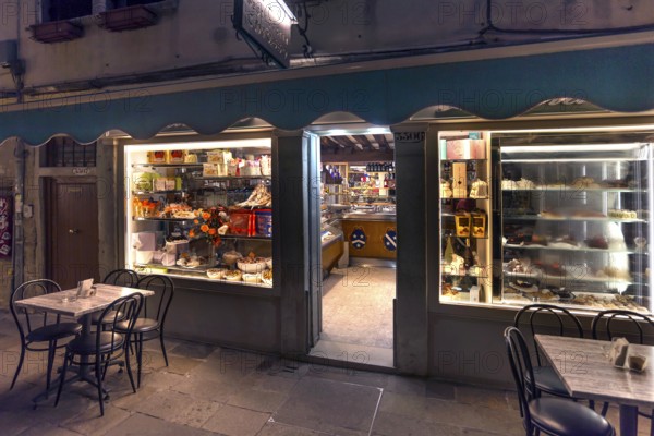 Pastry and pastry shop in the evening, Venice, Veneto, Italy