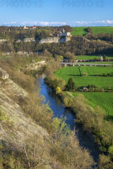 View of the river Saale, the village of Saaleck and the ruins of Rudelsburg and Saaleck castles, Saale valley near Bad Kösen, Naumburg, Saxony-Anhalt, Germany