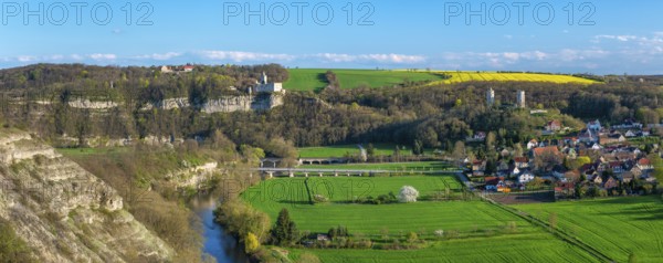 View of the river Saale, the village of Saaleck and the ruins of Rudelsburg and Saaleck castles, Saale valley near Bad Kösen, Naumburg, Saxony-Anhalt, Germany