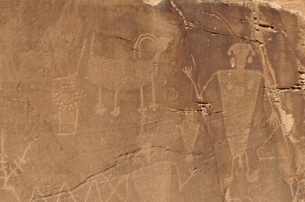 Close-up of petroglyphs from the Fremont culture on sandy rock, Dinosaur National Monument, Utah, USA