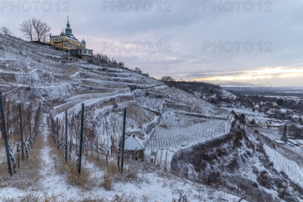 High up is the Spitzhaus in the snowy vineyards with views of Dresden, Oberlößnitz, Radebeul, Saxony, Germany