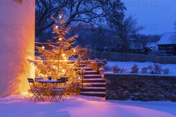 Still life with illuminated Christmas tree, stairs and table with chairs in the snow at blue hour, Aust Winery, Radebeul, Saxony, Germany