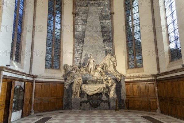 The late Baroque mausoleum of Marshal Hermann Moritz of Saxony by the Parisian sculptor Jean-Baptiste Pigalle in St. Thomas Church or Église Saint-Thomas in Strasbourg, Alsace, France