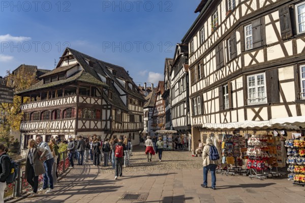 Half-timbered houses on Place Benjamin Zix and the Maison des Tanneurs in Petite France, Strasbourg, Alsace, France