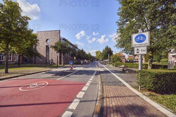 Town Hall, commercial building, brick building, bicycle road, road sign bicycle road, additional sign for cars and motorcycles free, hedge, trees, blue sky, cumulus clouds, Borg street, Lüdinghausen, Münsterland, Coesfeld district, North Rhine-Westphalia, Germany