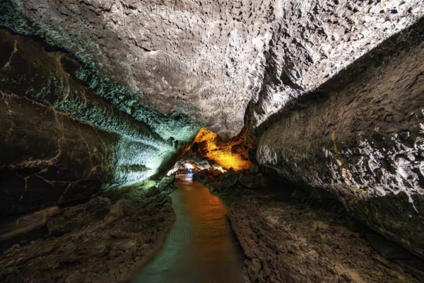 Underground cave formed by lava flow, illuminated lava cave, Cueva de los Verdes, Lanzarote, Canary Islands, Spain