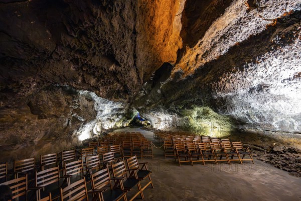 Underground cave formed by a lava flow, used as a concert hall, illuminated lava cave, Cueva de los Verdes, Lanzarote, Canary Islands, Spain