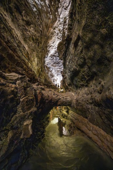 Underground cave formed by lava flow, illuminated lava cave, Cueva de los Verdes, Lanzarote, Canary Islands, Spain
