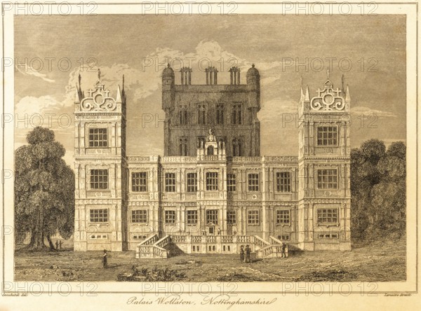 Wollaton Hall or Wollaton Palace, Nottingham, County of Nottinghamshire, United Kingdom, park, palace, built 1580 to 1588, 16th century, Elizabethan style, now museum, Tudor period, historical illustration 1842