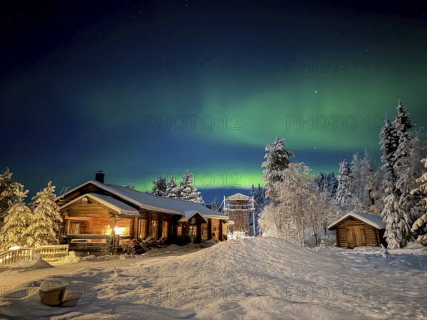 Northern lights, aurora borealis in the night sky, illuminated wooden house in snowy landscape, Oulanka National Park, Kuusamo, Finland