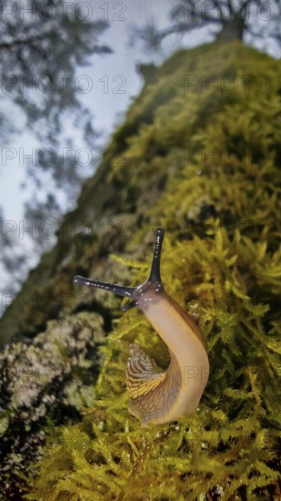 A snail (cochlea) on a moss-covered tree trunk, natural forest atmosphere, hiking along the former inner-German border on the Green Belt near Mitwitz, Franconian Forest nature park Park