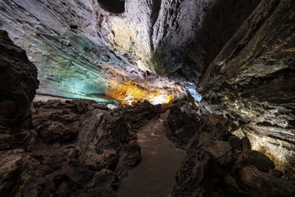Underground cave formed by lava flow, illuminated lava cave, Cueva de los Verdes, Lanzarote, Canary Islands, Spain