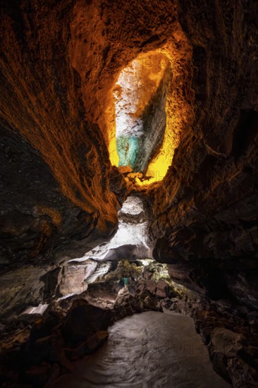 Underground cave formed by lava flow, illuminated lava cave, Cueva de los Verdes, Lanzarote, Canary Islands, Spain