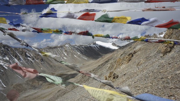Colourful prayer flags flutter against a high-mountain backdrop, trekking in Ladakh, Stok la, Himalayas, India
