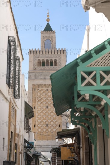 Tunis, Tunisia. 4th May 2024 Architectural detail of the minaret of Al-Zaytuna Mosque, a major mosque at the center of the Medina of Tunis, part of the world heritage Kasbah in the Tunisian capital