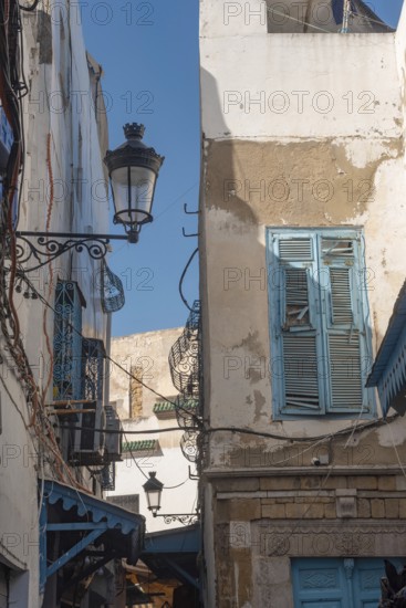 Traditional architecture along the narrow streets of Tunis Medina, the historical Kasbah is a World Heritage Site and popular tourist destination in Tunisia