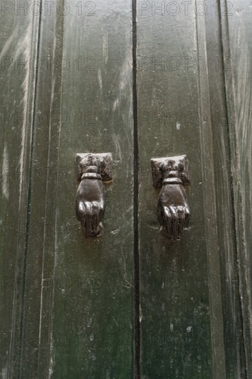 Close up detail of the entrance door of the childhood home of Ibn Khaldun, 14th century Arab Muslim historian, and philosopher, influential in classic Islamic History, Tunis, Tunisia