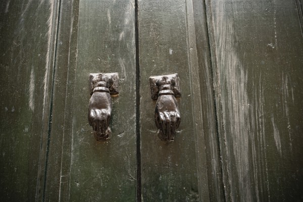 Close up detail of the entrance door of the childhood home of Ibn Khaldun, 14th century Arab Muslim historian, and philosopher, influential in classic Islamic History, Tunis, Tunisia