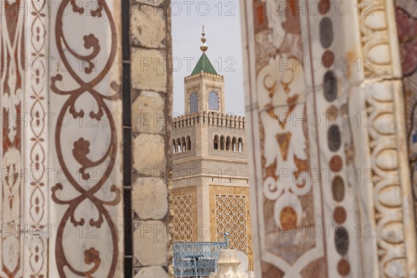 Tunis, Tunisia. 15th May 2024 Scenic view of the minaret of Al-Zaytuna Mosque in the Medina, the oldest mosque in the Tunisian capital, Tunis. North Africa