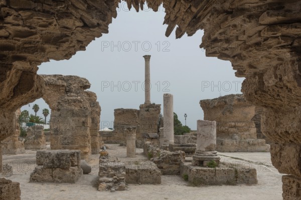 The archeaological ruins of Thermes d'Antonin, the thermal baths of Antoninus, the largest Roman Spa complex built in Africa, part of the ruined Phoenician city of Carthage, Tunis, Tunisia