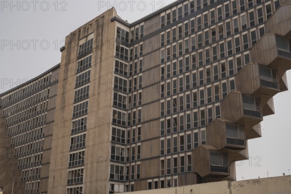 Tunis, Tunisia. 16th May 2024 The 1970s Brutalist style architecture of the Hotel du Lac, with unique inverted pyramid shape and cantilevered stairs stands awaiting its fate in Tunis, Tunisia