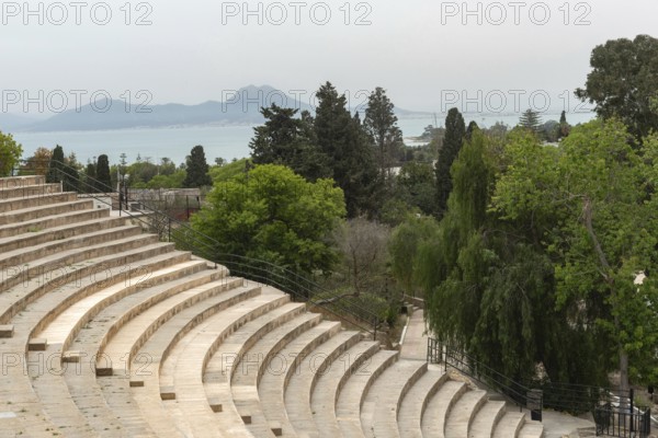 The Roman theatre, part of the ancient archaeological ruins of the Phoenician city of Carthage overlooking the Gulf of Tunis and the Mediterranean, Tunis, Tunisia