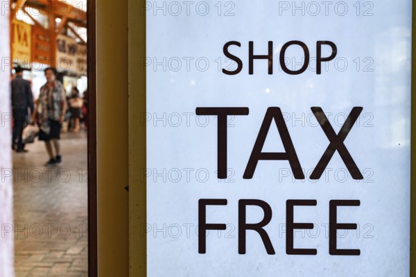 Dubai, United Arab Emirates. June 29th 2019 Tax Free Shopping Sign in the Gold Souk of Dubai Creek, a busy market for gold, silver and jewellery popular with tourists. Dubai, UAE