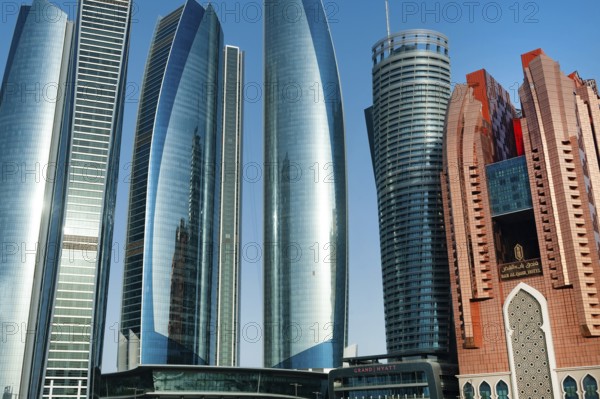 Abu Dhabi, United Arab Emirates. June 23rd 2019. Etihad Towers part of the modern glass fronted Abu Dhabi Skyline, capital of the United Arab Emirates