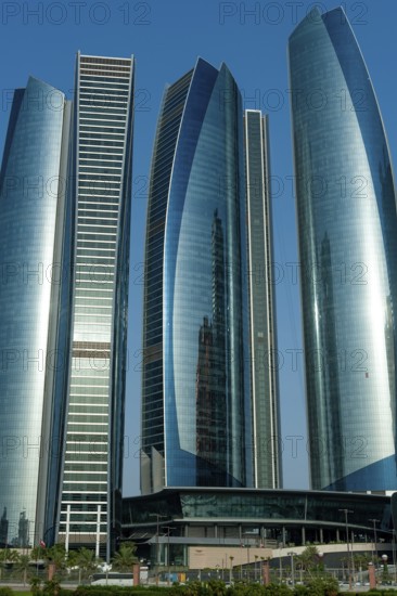 Abu Dhabi, United Arab Emirates. June 23rd 2019. Etihad Towers part of the modern glass fronted Abu Dhabi Skyline, capital of the United Arab Emirates