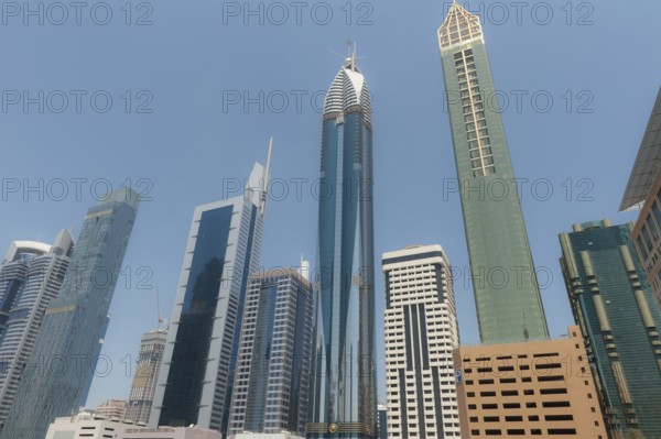 Dubai, United Arab Emirates. 1st July 2019 City of Dubai financial district high-rise office buildings, UAE