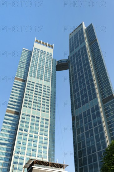 Abu Dhabi, United Arab Emirates. June 23rd 2019 High rise twin towers architecture of the St Regis luxury hotel, an iconic building on the Emirates skyline. Abu Dhabi, United Arab Emirates, Middle East
