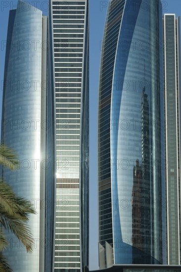 Abu Dhabi, United Arab Emirates. June 23rd 2019 Close-up architectural detail of modern glass fronted office and business property Etihad Towers, Corniche Road, Abu Dhabi, United Arab Emirates